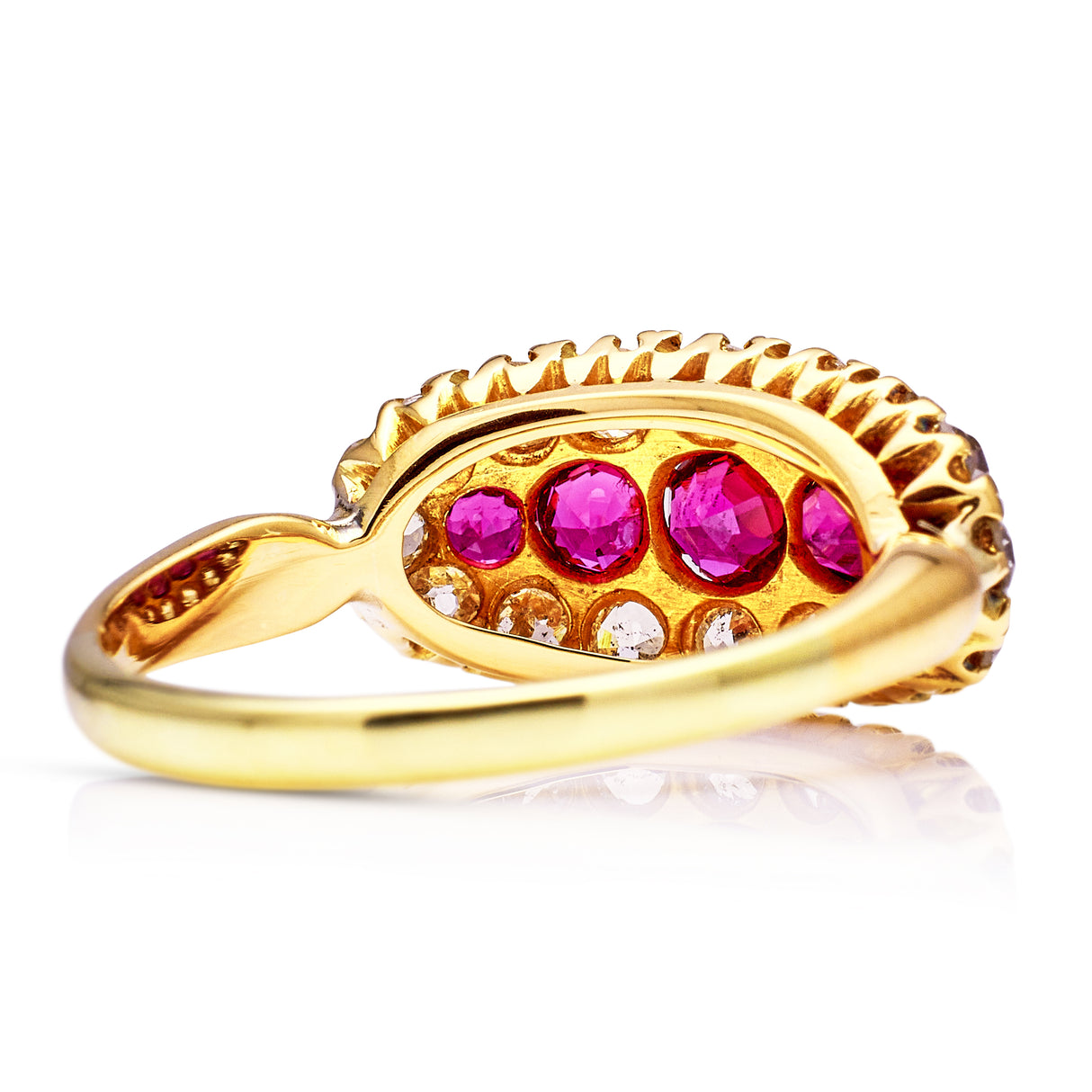 Ruby and diamond cluster engagement ring rear view.