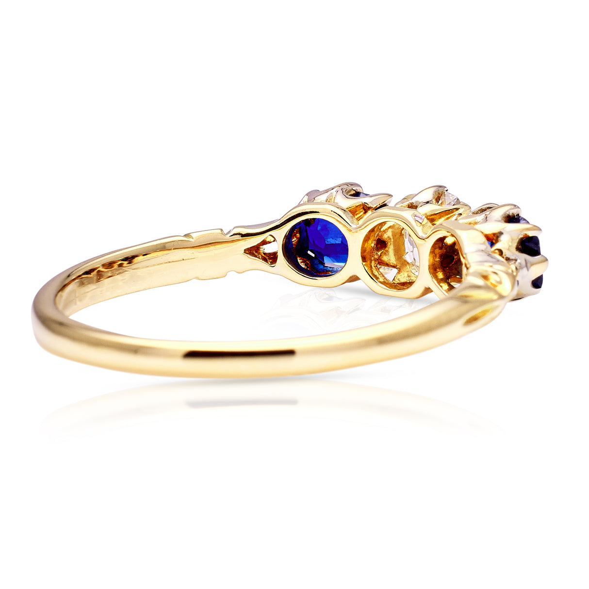 Antique, Edwardian Diamond and Sapphire Engagement Ring, 18ct Yellow Gold rear view