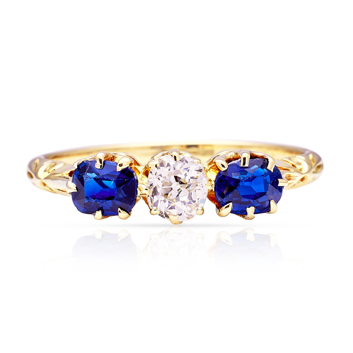 Antique, Edwardian Diamond and Sapphire Engagement Ring, 18ct Yellow Gold front view