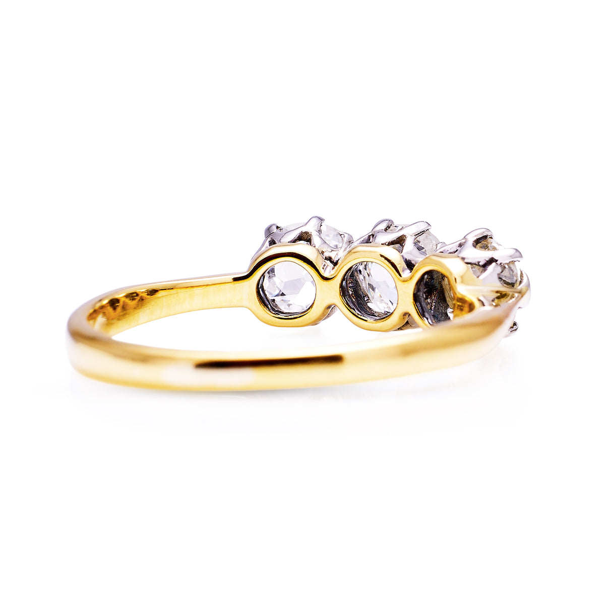 antique three stone diamond engagement ring, 18ct yellow gold band, rear view.