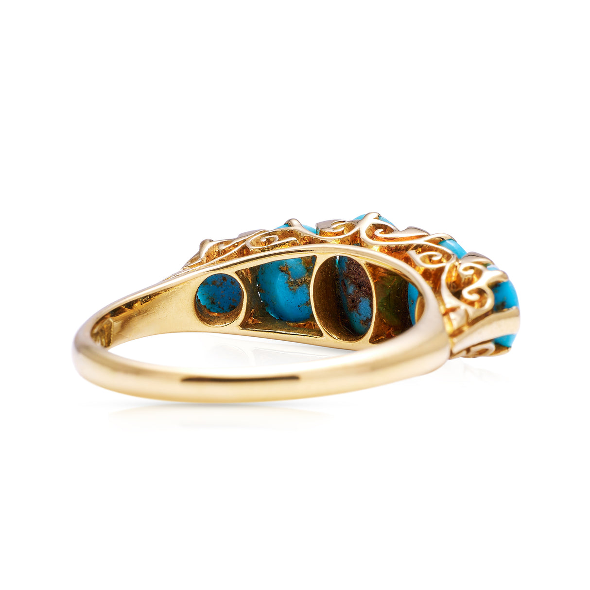 turquoise five stone half hoop ring, rear view.