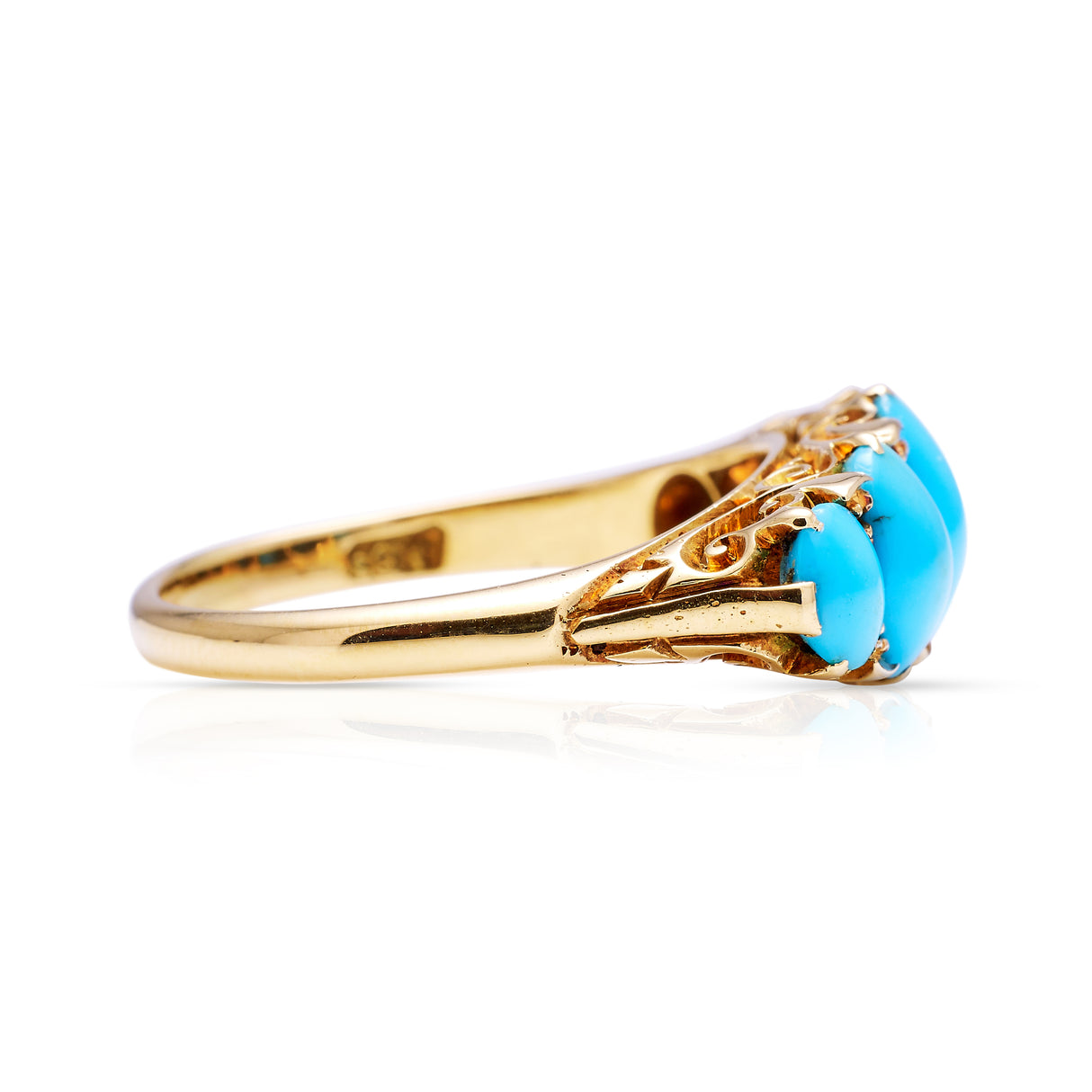turquoise five stone half hoop ring, side view.
