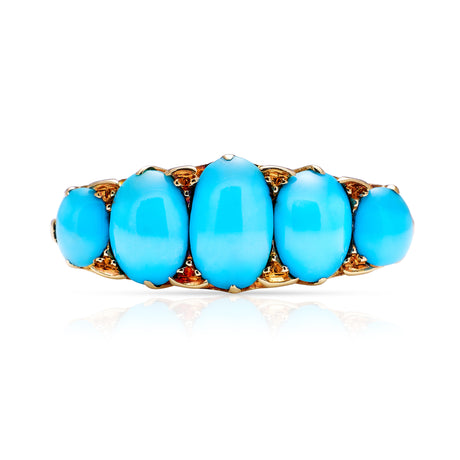 turquoise five stone half hoop ring, front view. 