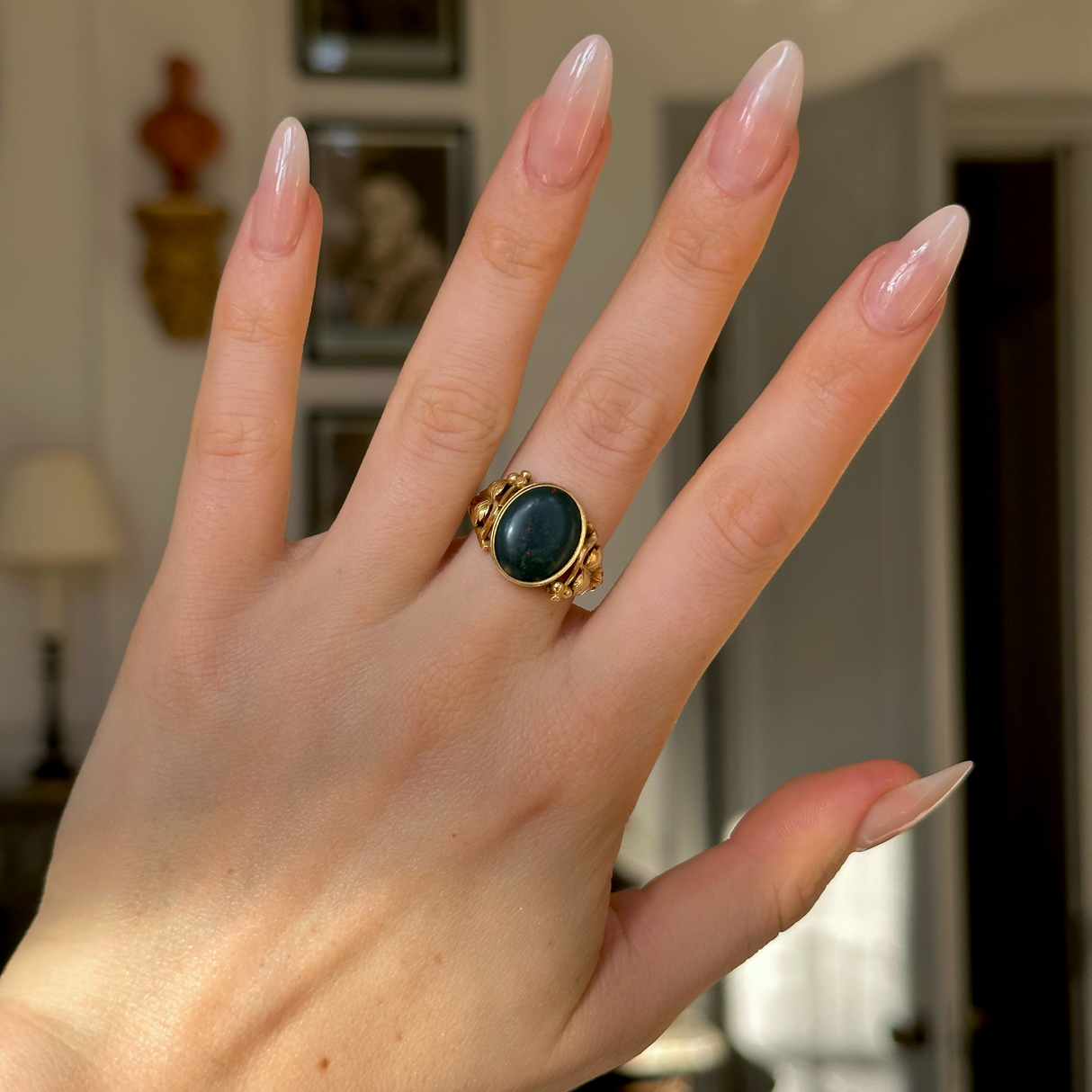Antique, Victorian Bloodstone Signet Ring, 18ct Yellow Gold worn on hand.
