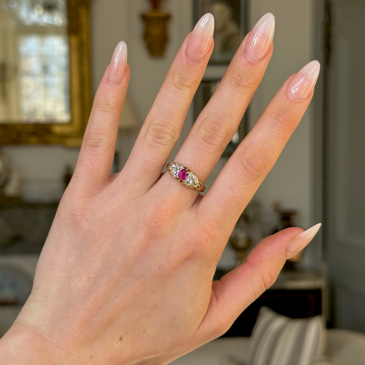 Antique, Victorian Burmese Ruby and Diamond Engagement Ring, 18ct Yellow Gold worn on hand