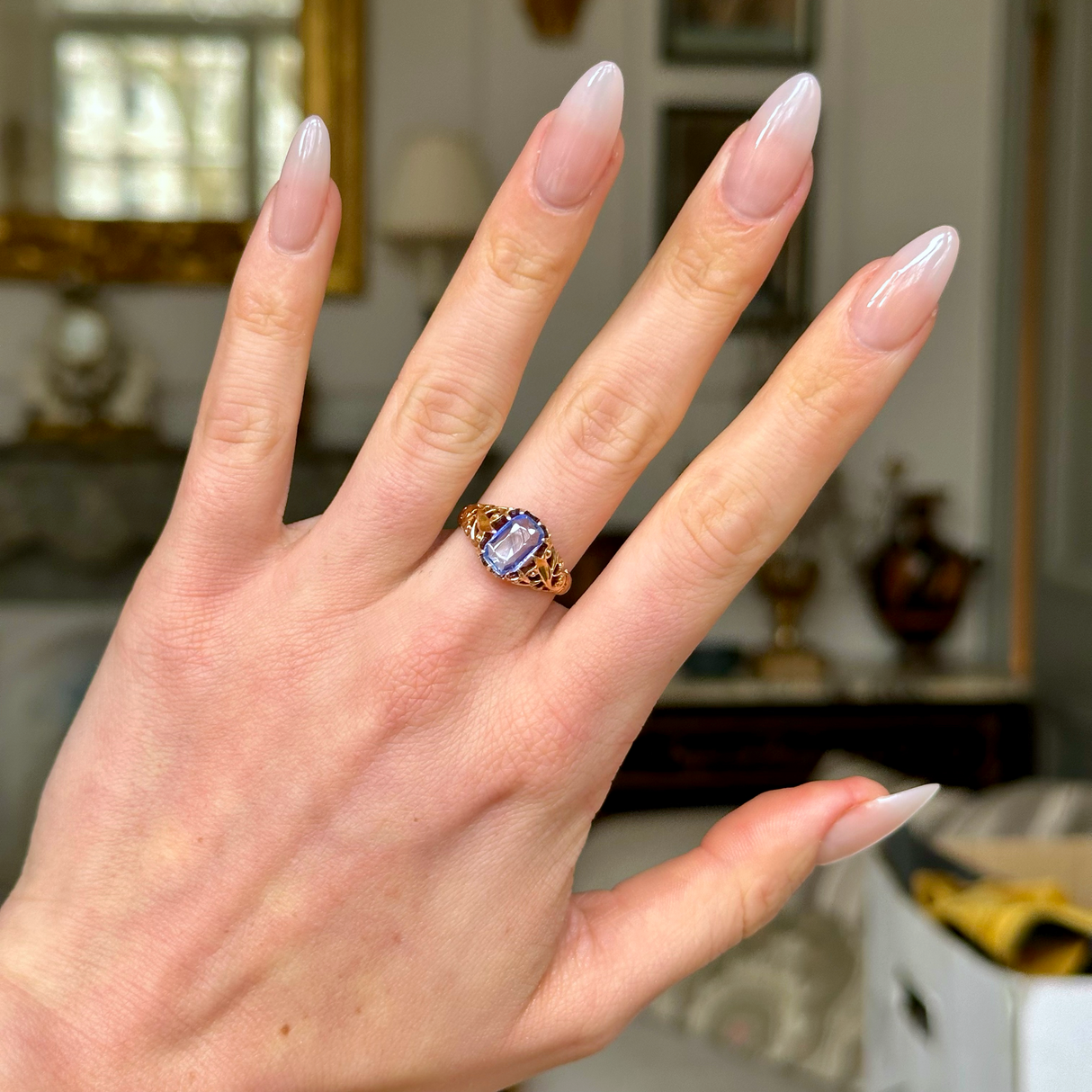 Antique, Victorian Ceylon Sapphire Ring, worn on hand.