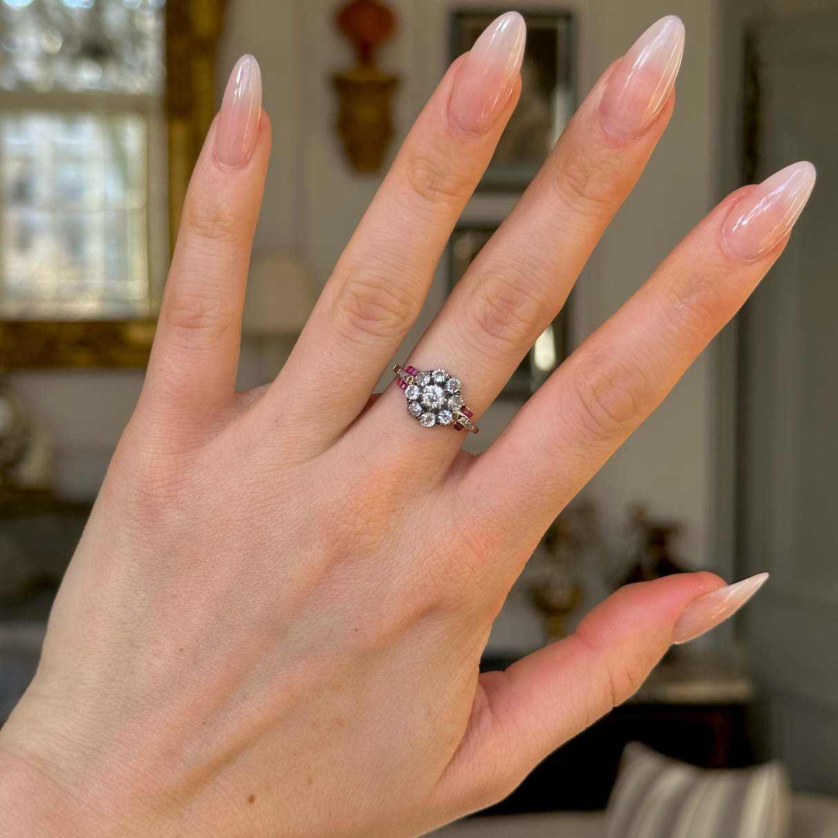 Antique, Victorian Diamond and Ruby Cluster Ring, Yellow Gold worn on hand