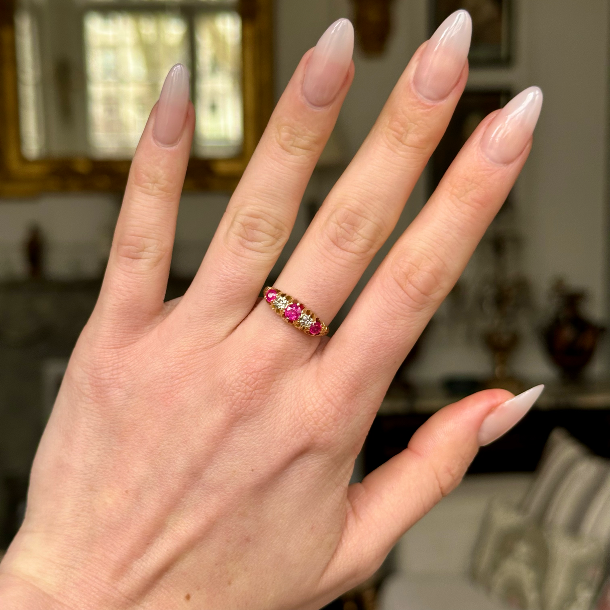 Antique, Edwardian five stone pink ruby and diamond ring