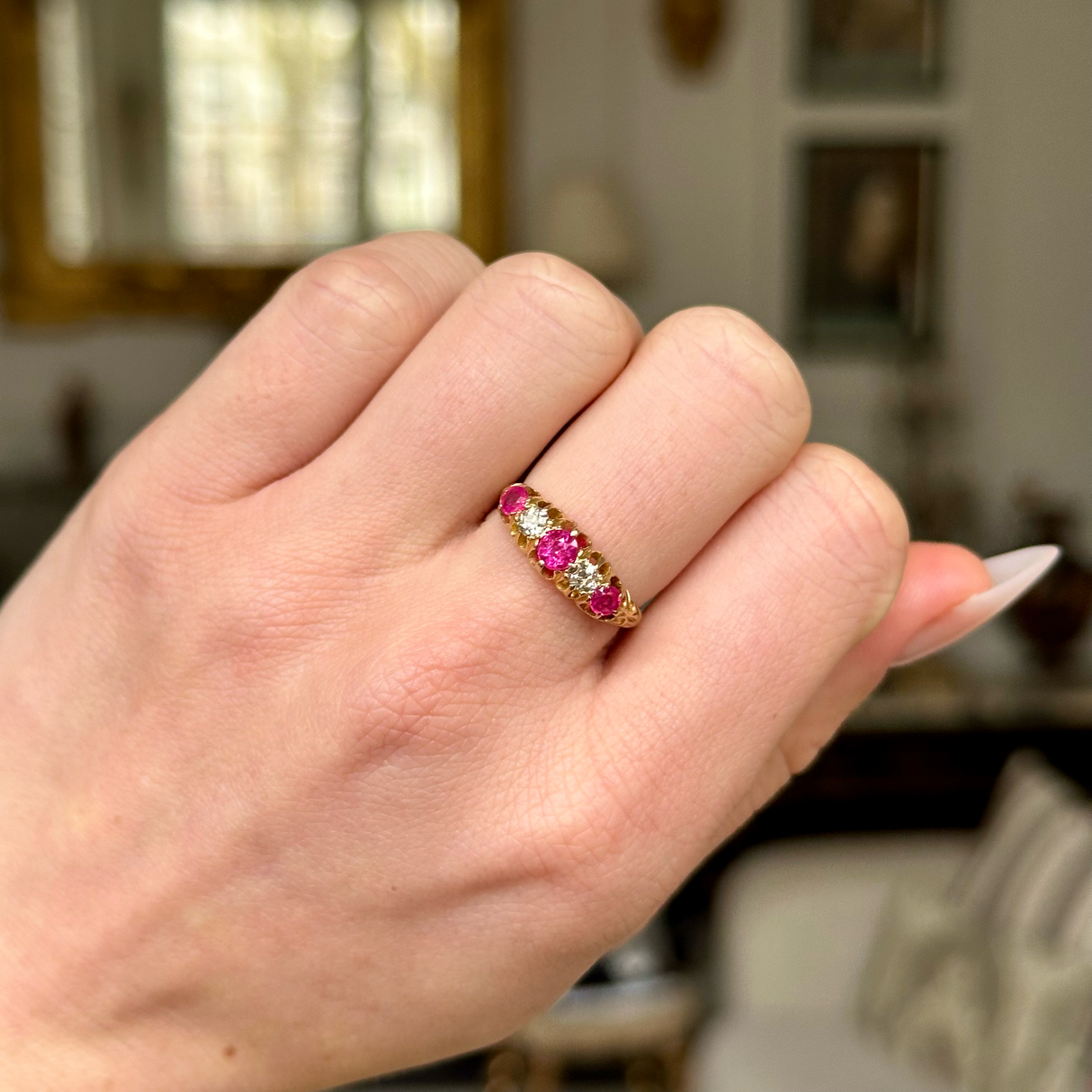 Antique, Edwardian five stone pink ruby and diamond ring