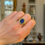 Antique, Victorian Lapis Intaglio Ring, 18ct Yellow Gold worn on closed hand.