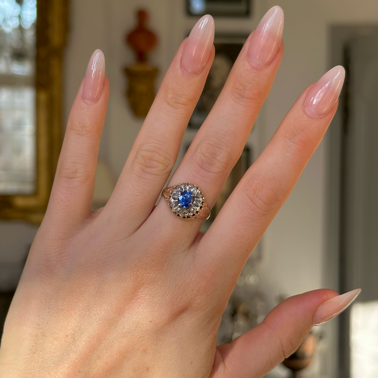  Antique, Victorian Sapphire and Diamond Daisy Cluster Ring, 18ct Yellow Gold worn on hand. 