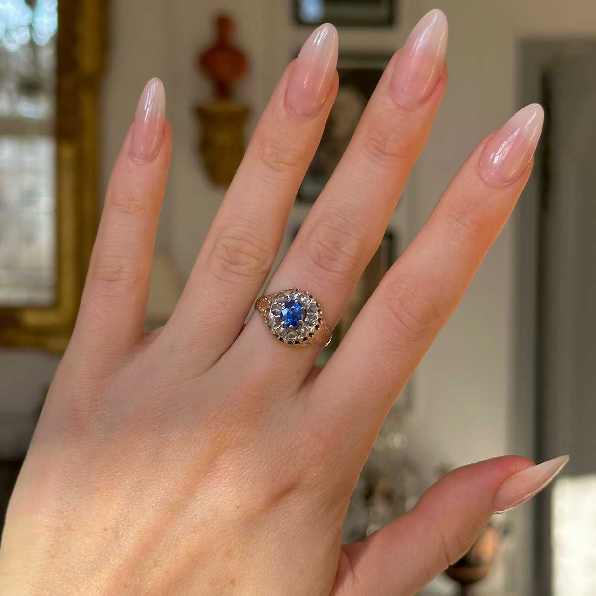 Antique, Victorian Sapphire and Diamond Daisy Cluster Ring, 18ct Yellow Gold worn on hand.