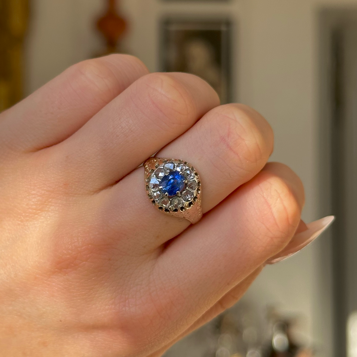 Antique, Victorian Sapphire and Diamond Daisy Cluster Ring, 18ct Yellow Gold worn on closed hand.