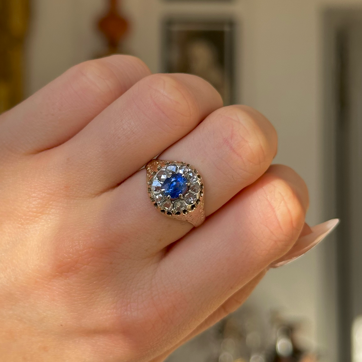 Antique, Victorian Sapphire and Diamond Daisy Cluster Ring, 18ct Yellow Gold worn on closed hand. 