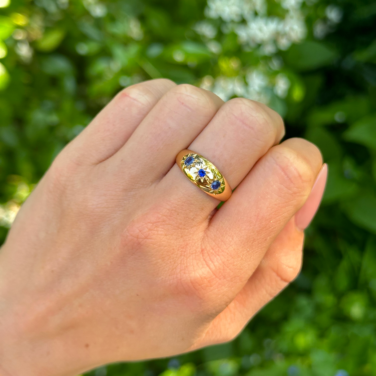 Antique, Victorian Three-Stone Sapphire Gypsy Ring, 18ct Yellow Gold worn on hand.