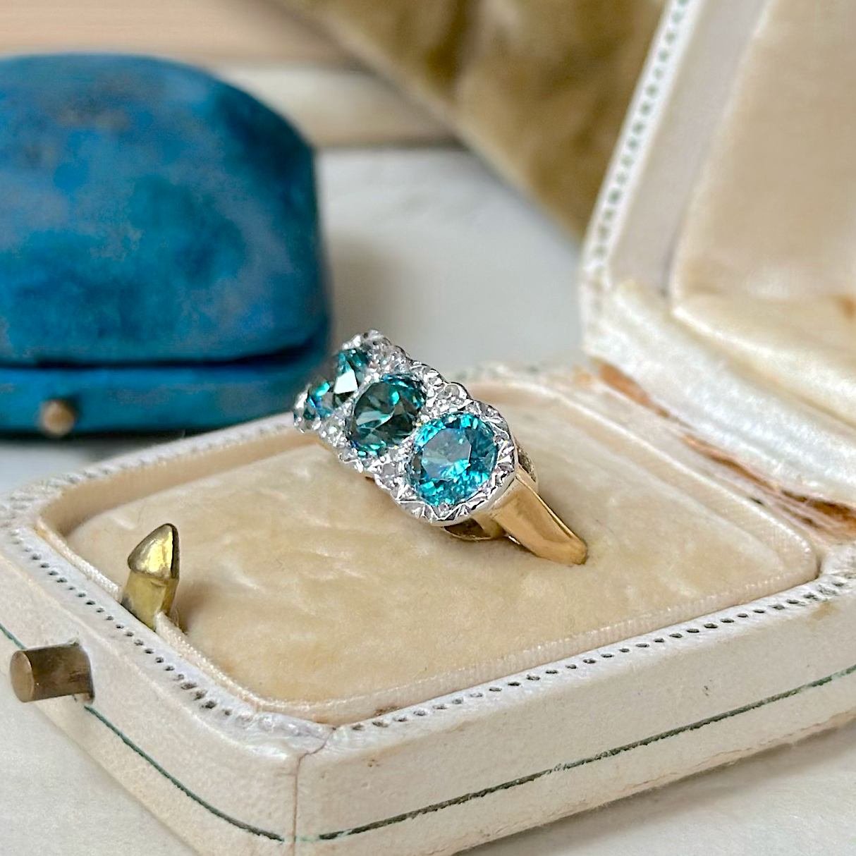 Antique, Victorian Zircon and Diamond Three Stone Cluster Ring, 18ct Yellow Gold & Platinum side view.