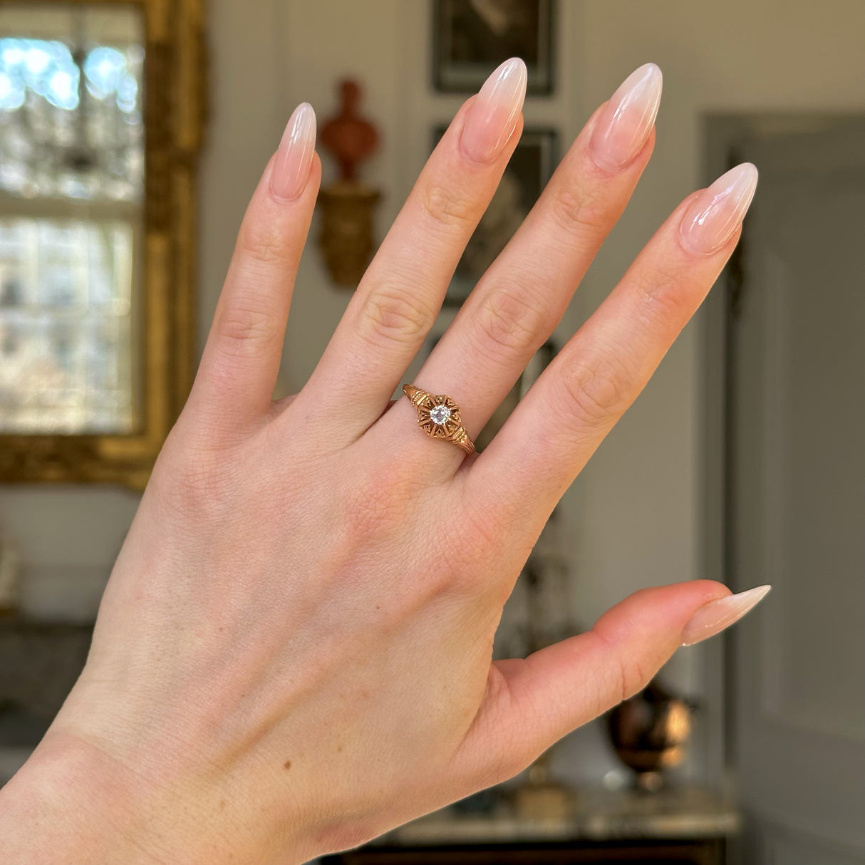 Antique, Victorian, Solitaire Diamond Engagement Ring, 18ct Yellow Gold worn on hand.