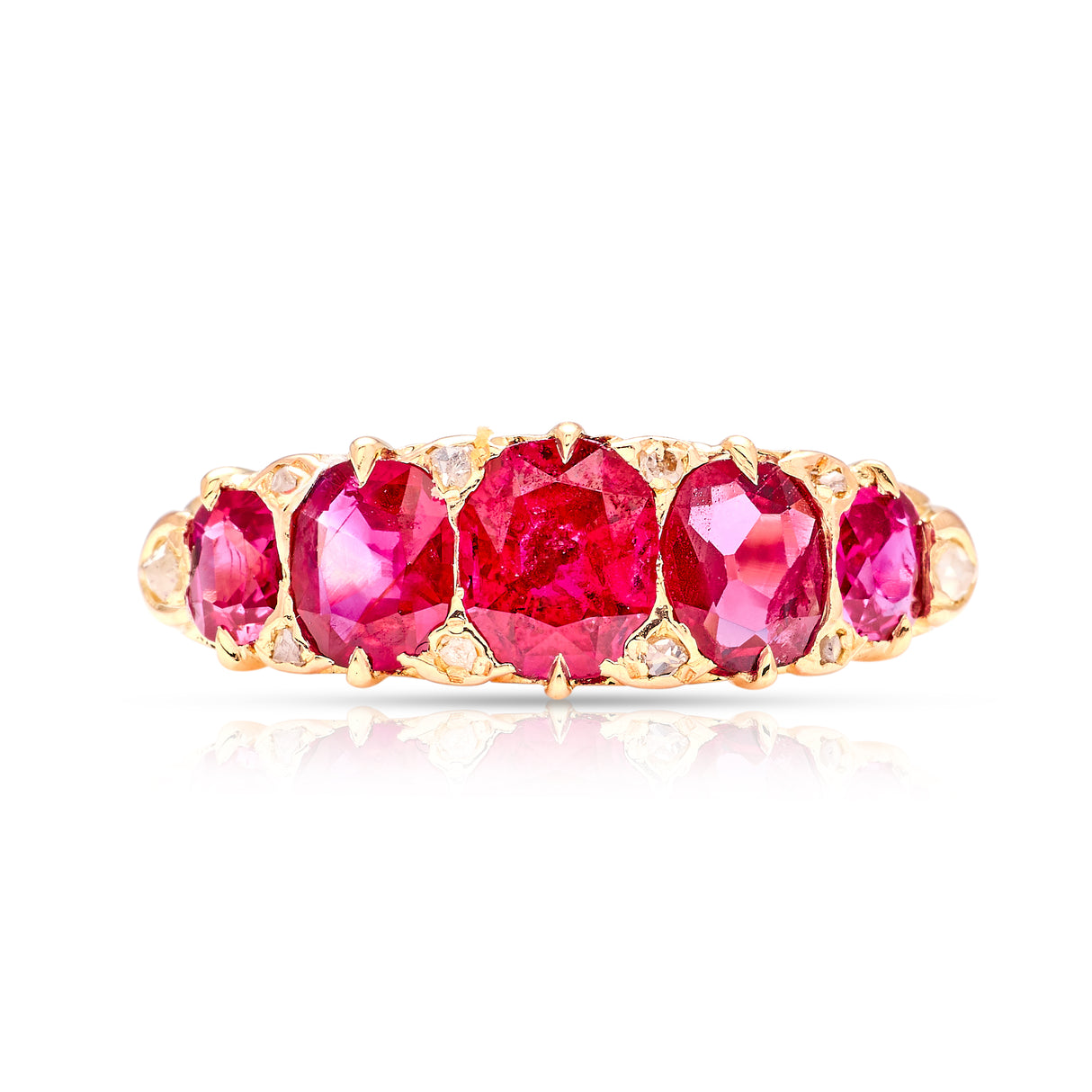 Antique, Victorian five stone ruby ring front view