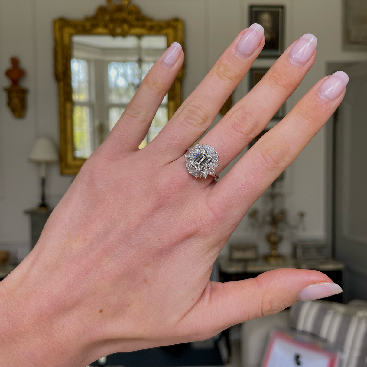 Vintage 1.50ct emerald-cut diamond cluster ring, platinum, circa 1950