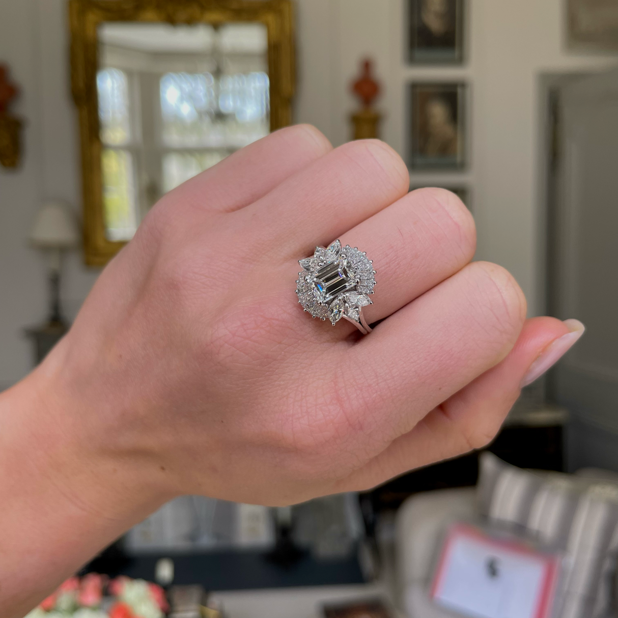 Vintage 1.50ct emerald-cut diamond cluster ring, platinum, circa 1950