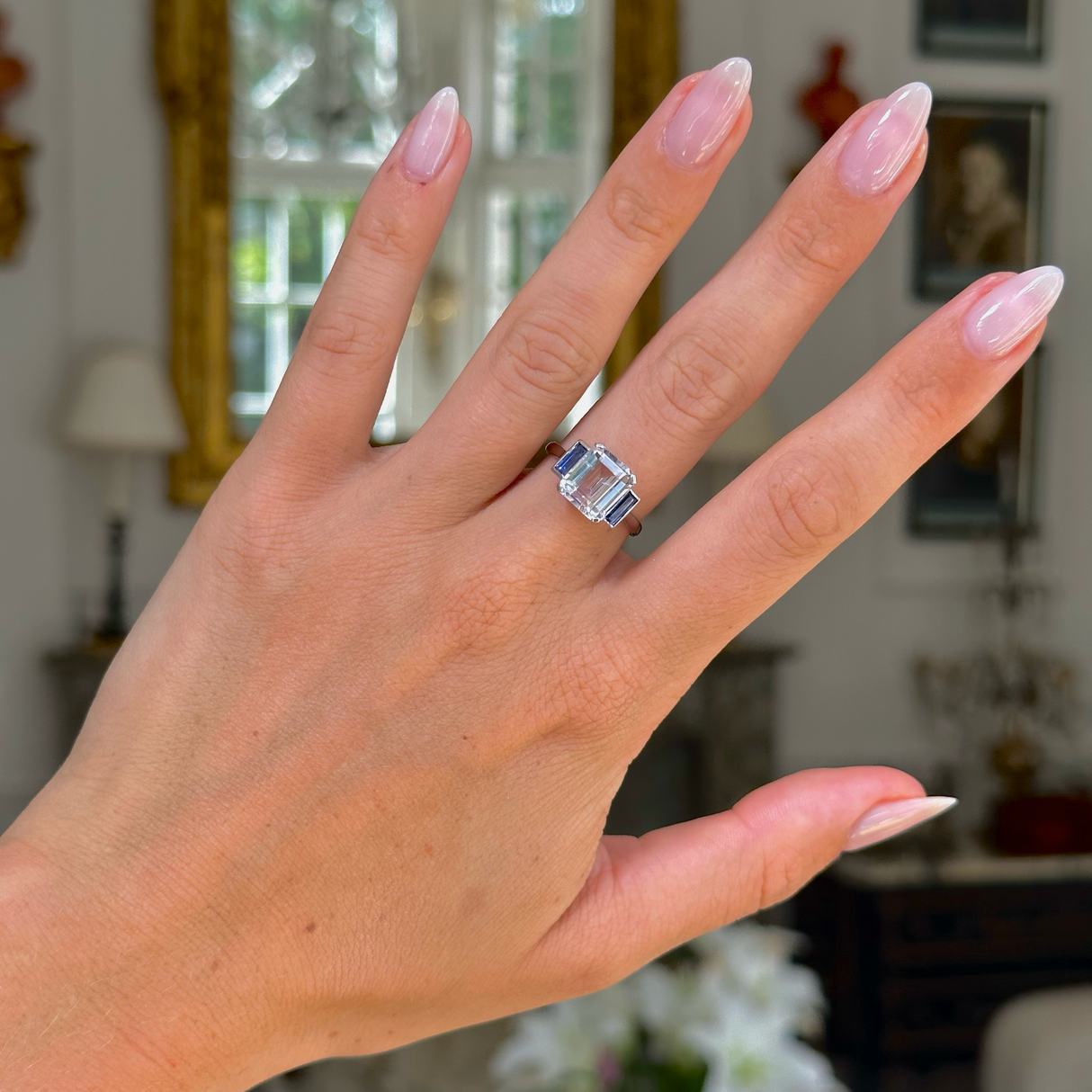 Art Deco, white sapphire and blue sapphire three stone ring, platinum