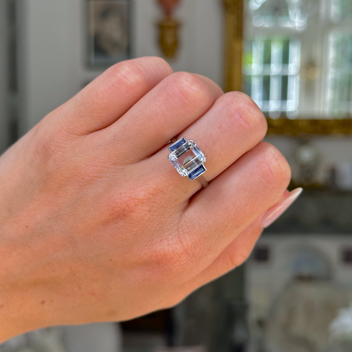 Art Deco, white sapphire and blue sapphire three stone ring, platinum