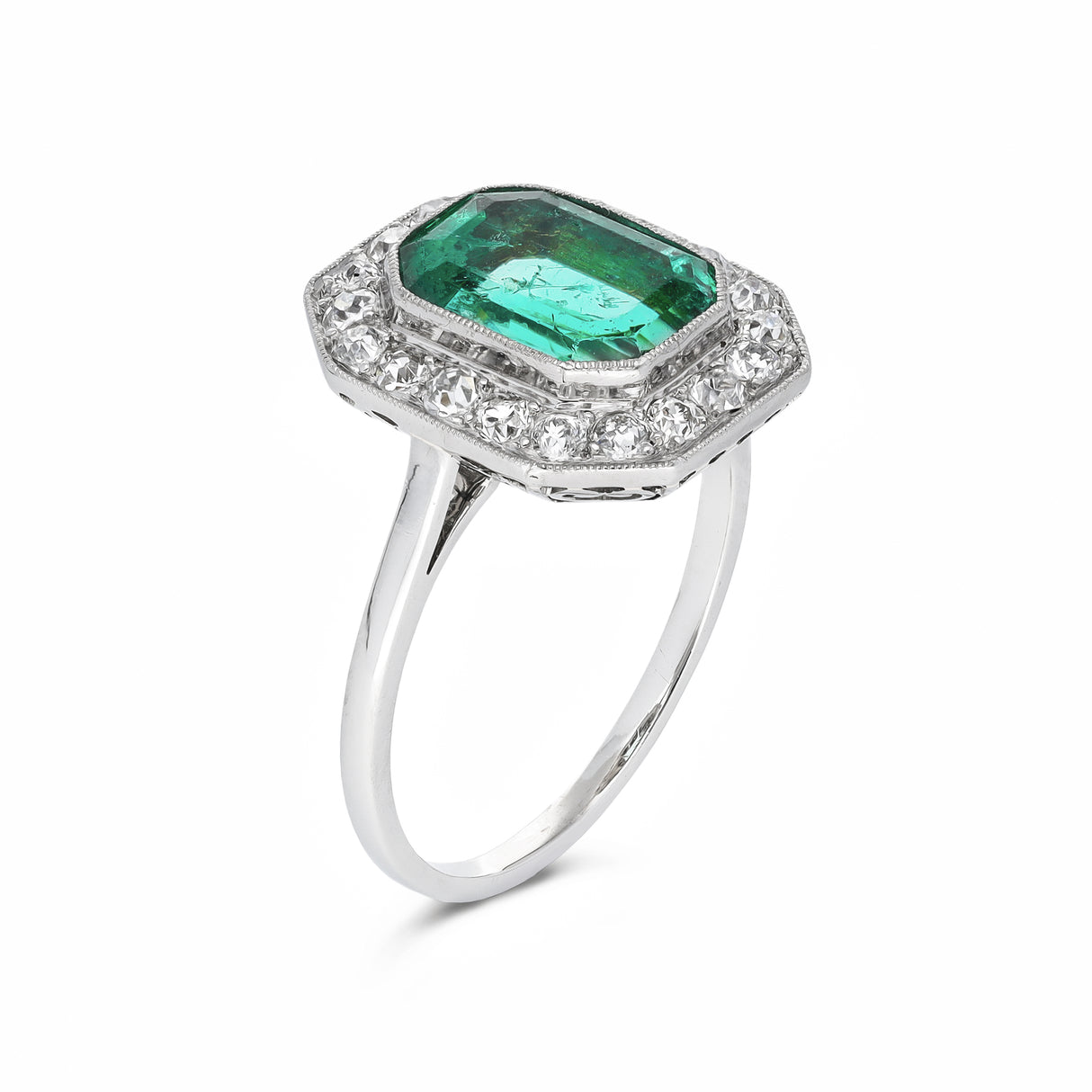 Art Deco, 1920s, emerald and diamond cluster engagement ring, platinum