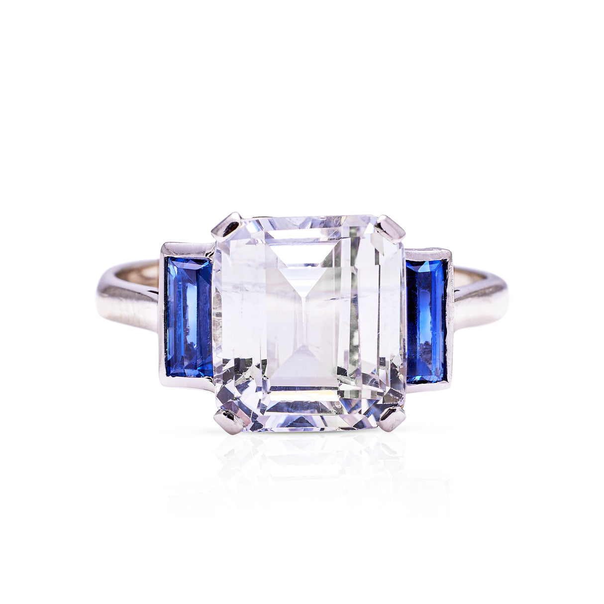 Art Deco, white sapphire and blue sapphire three stone ring, platinum