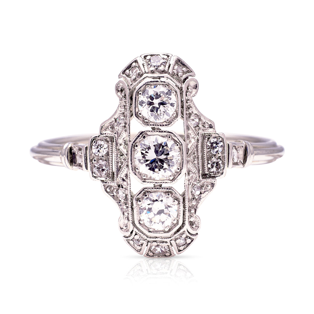 Vintage, Art Deco three-stone diamond panel ring, 18ct white gold