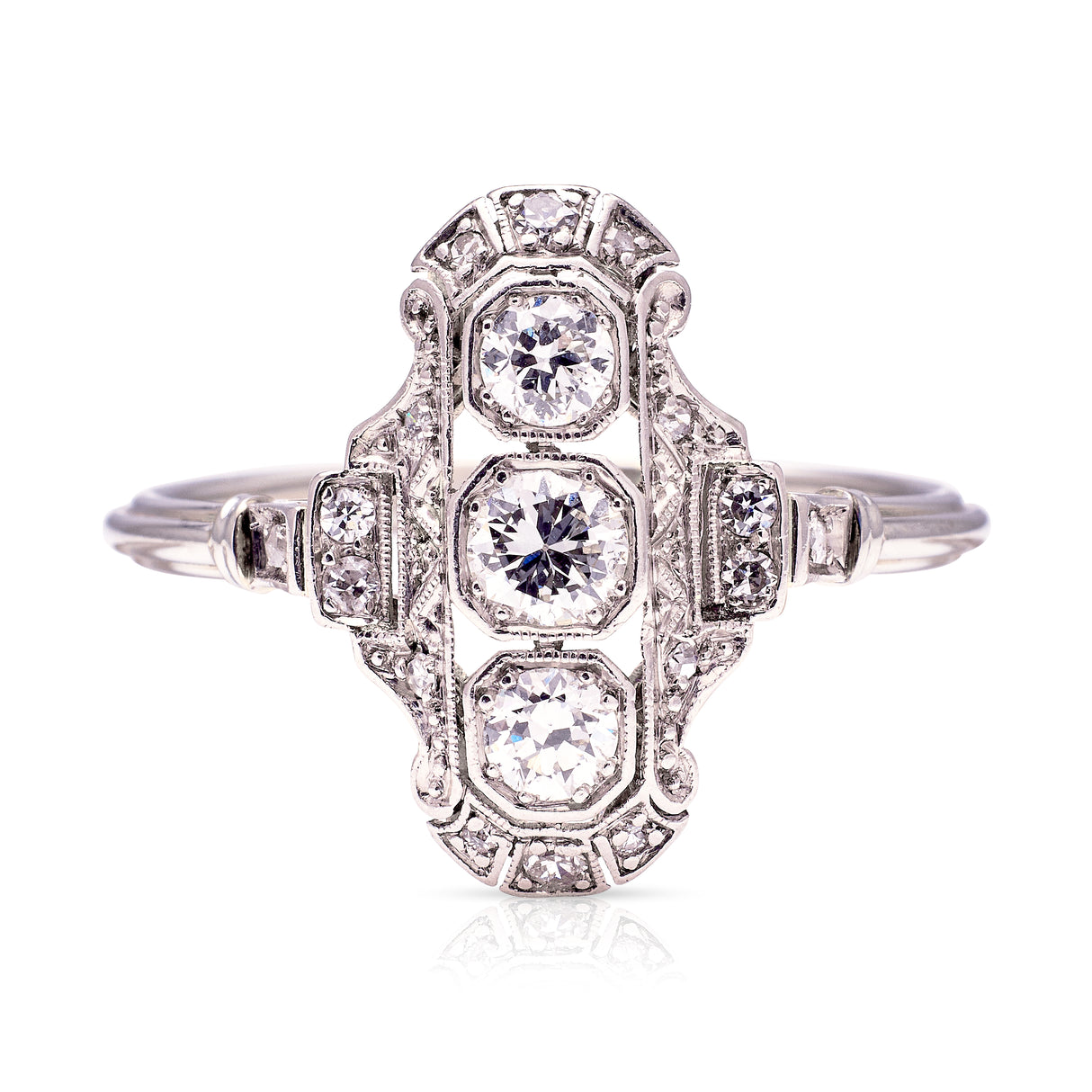 Vintage, Art Deco three-stone diamond panel ring