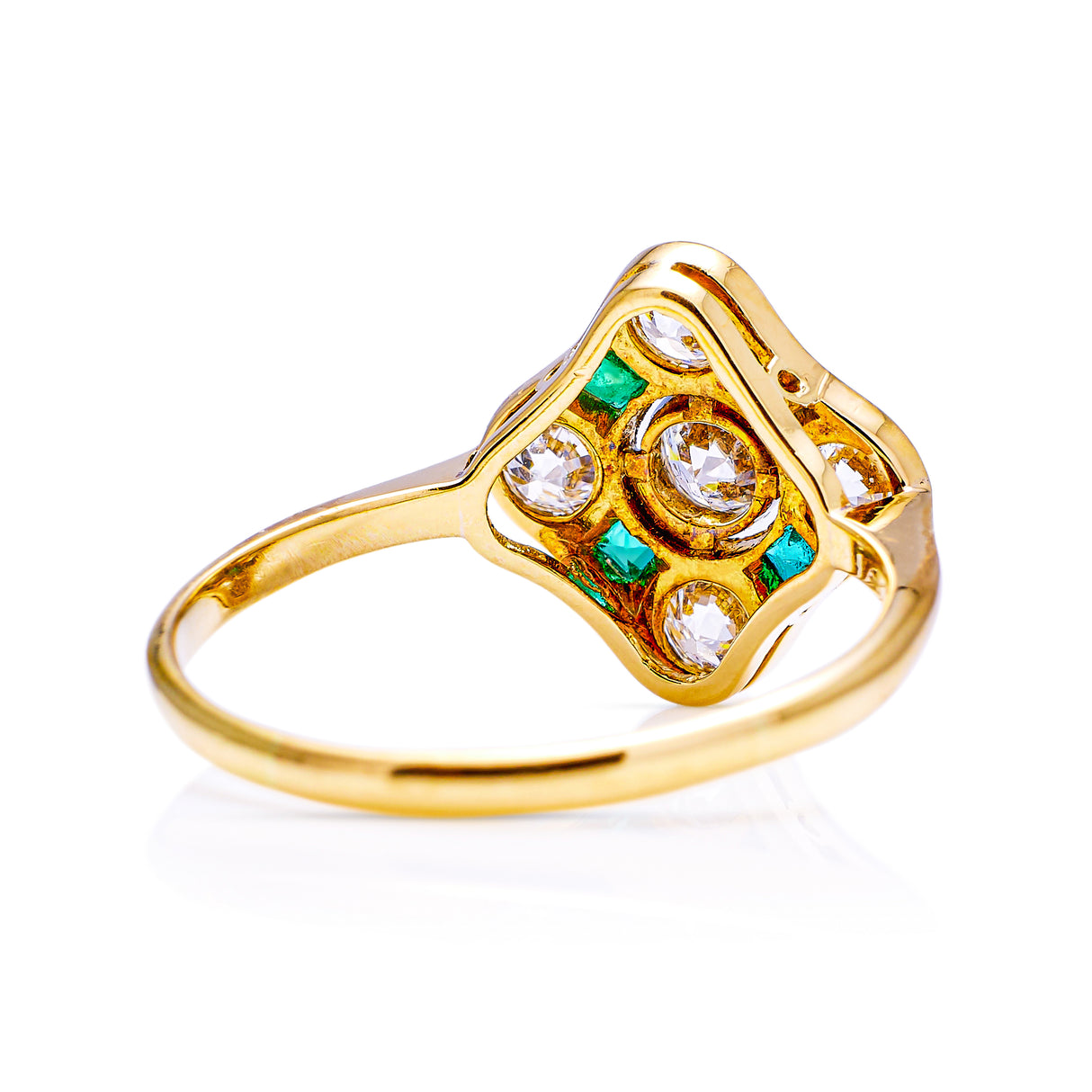 Art Deco emerald and diamond kite shaped ring, rear view.