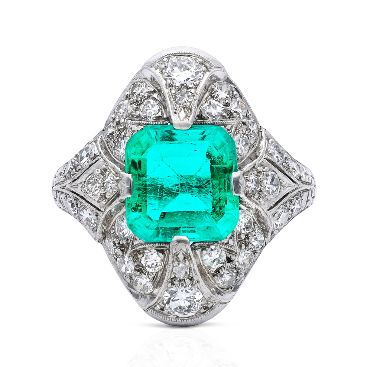 Art Deco emerald and diamond ring, front view.