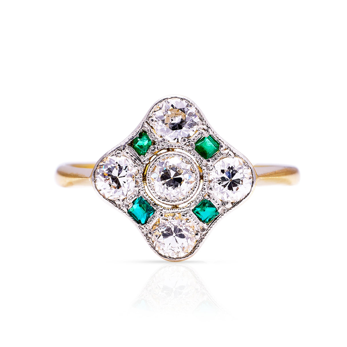 Art Deco emerald and diamond kite shaped ring, front view.