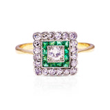 Antique, Emerald and Diamond Square Cluster Ring, 18ct Yellow Gold and Platinum front view