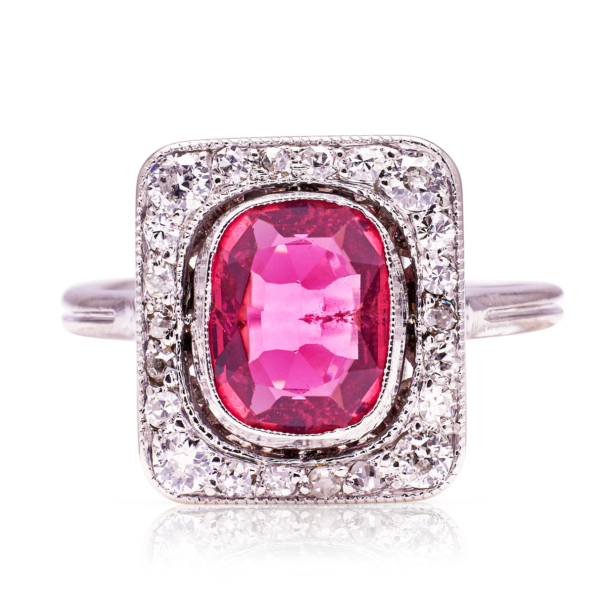 Art Deco ruby cluster ring, front view.