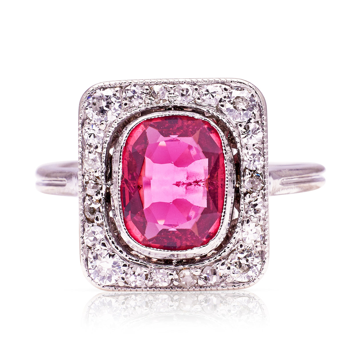 Antique, Art Deco red spinel and diamond cluster ring