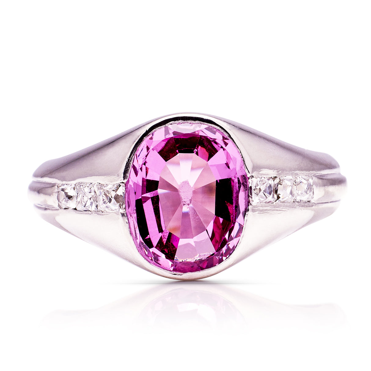 Art Deco vintage pink sapphire and diamond ring, front view.