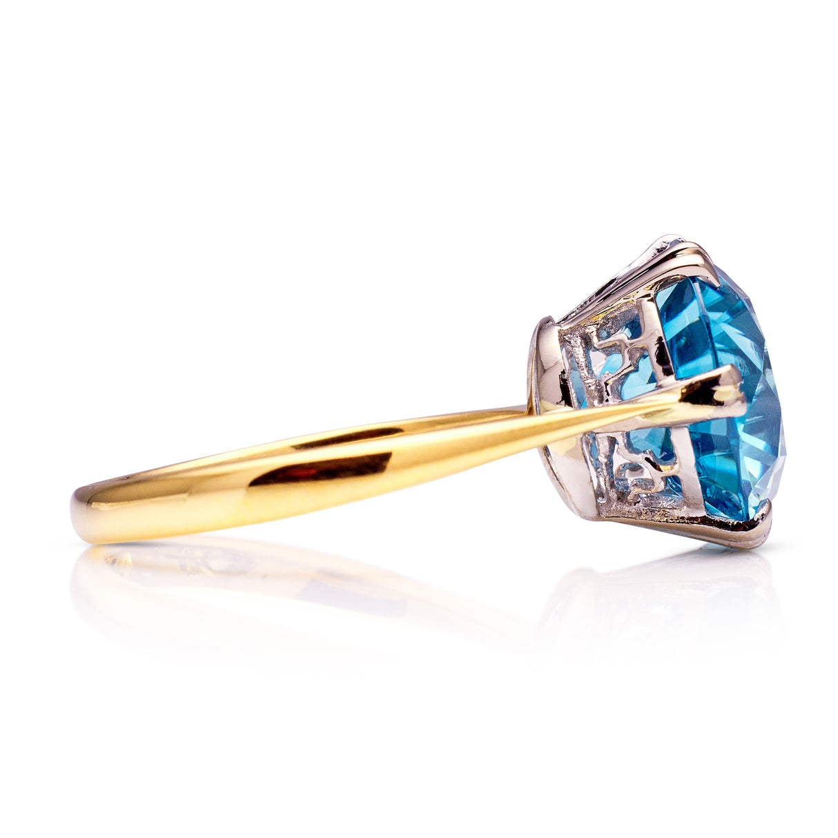 art deco zircon single stone ring, side view.