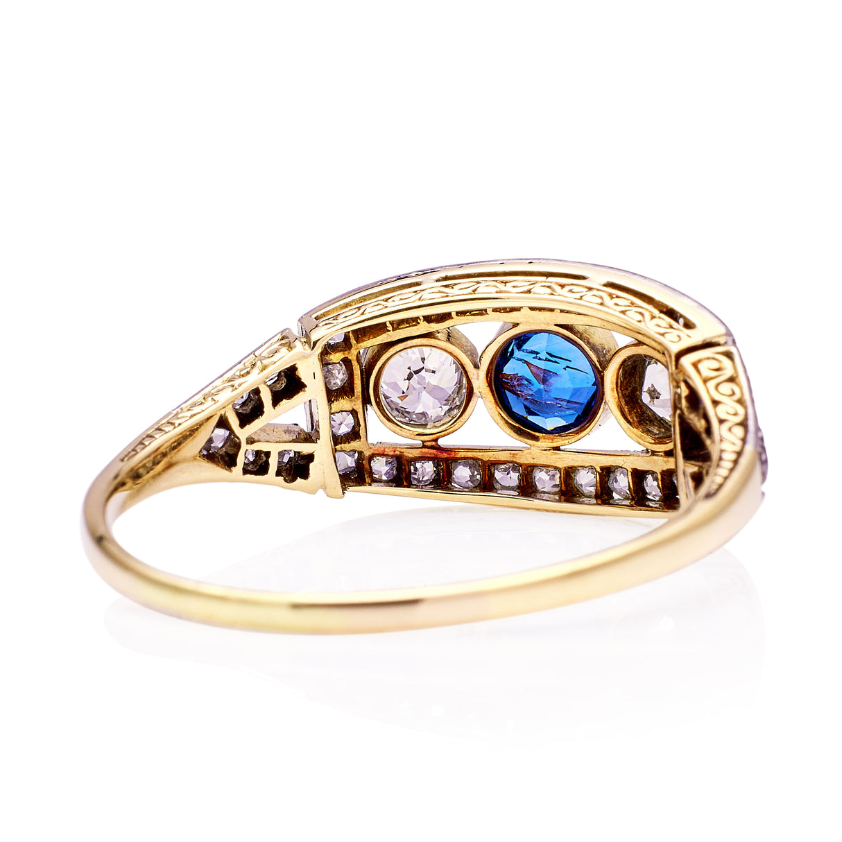 Antique, Belle Époque Sapphire and Diamond Three Stone Ring, 18ct Yellow Gold and Platinum rear view