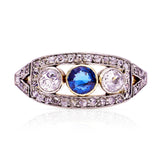 Antique, Belle Époque Sapphire and Diamond Three Stone Ring, 18ct Yellow Gold and Platinum front view
