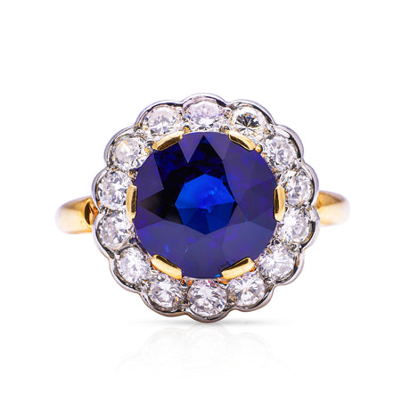 belle epoque sapphire and diamond cluster ring, front view.