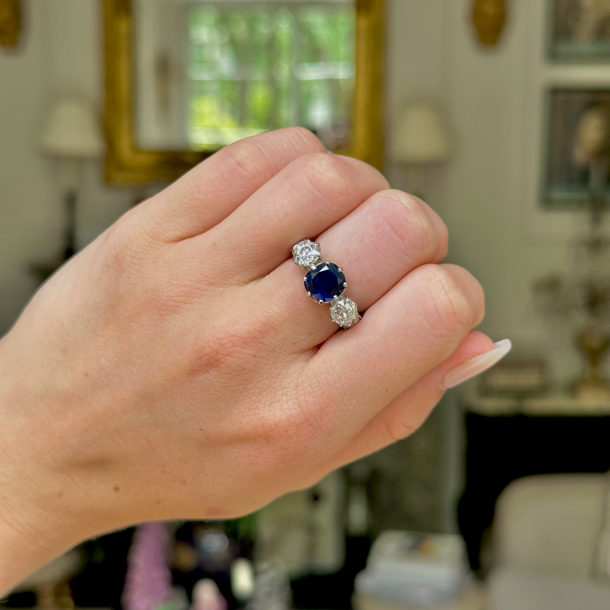 Art Deco, French, royal blue sapphire & diamond three-stone engagement ring