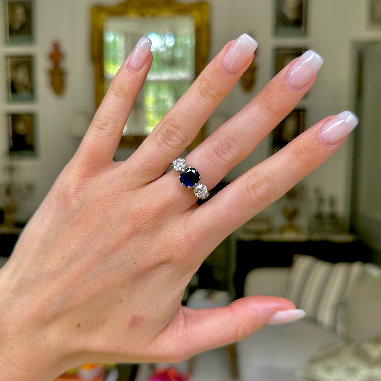 Art Deco, French, royal blue sapphire & diamond three-stone engagement ring