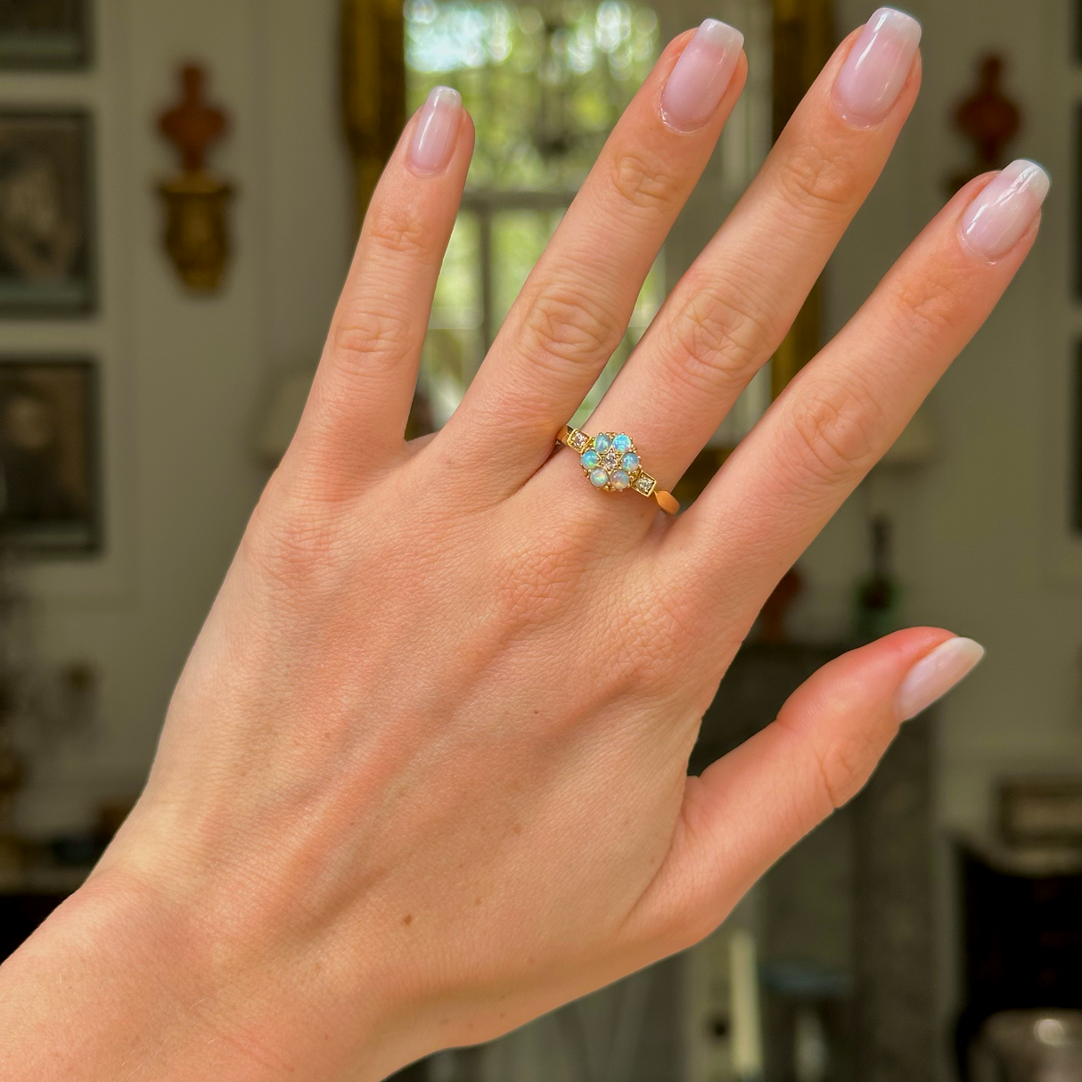Antique, Victorian, opal and diamond flower ring, 18ct yellow gold