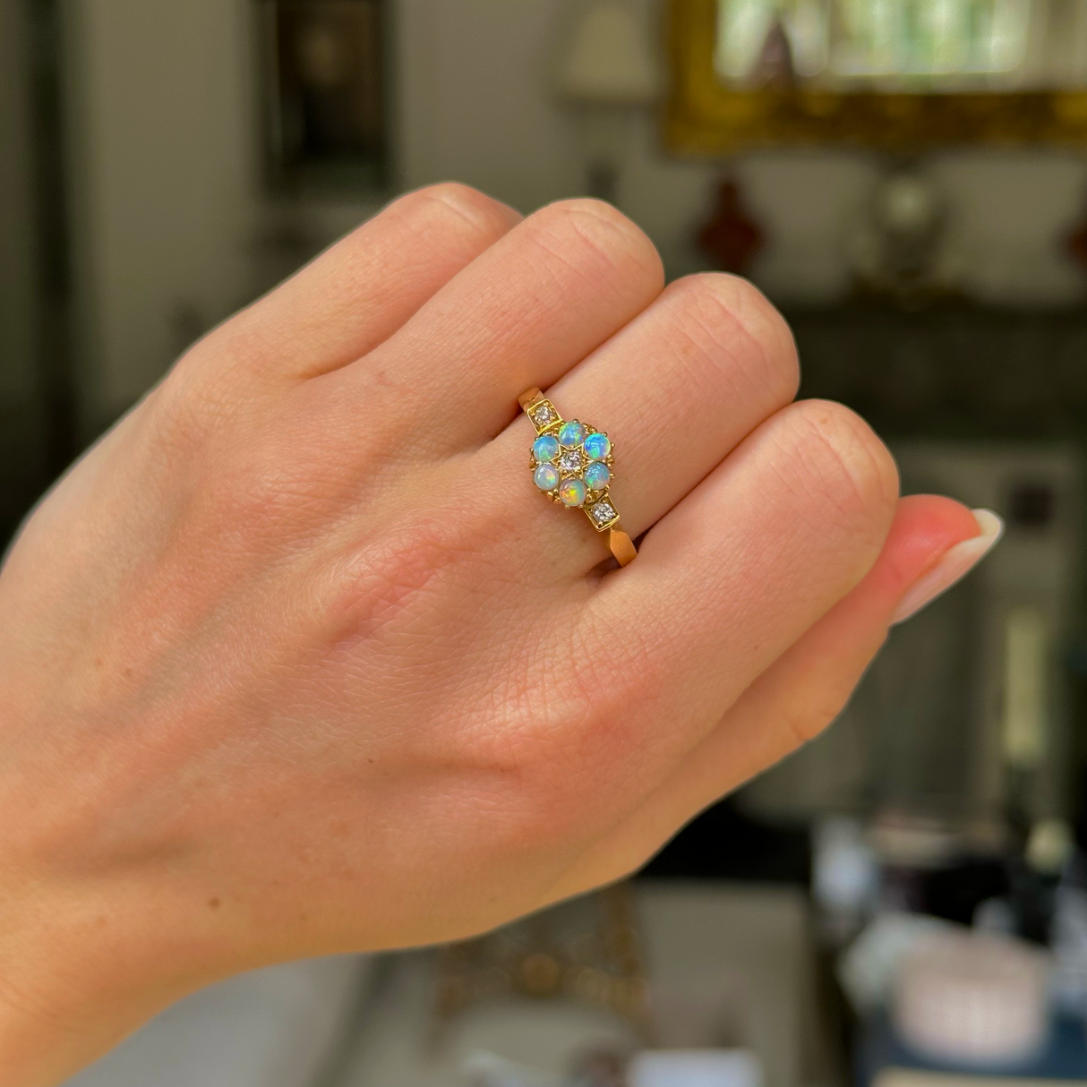 Antique, Victorian, opal and diamond flower ring, 18ct yellow gold
