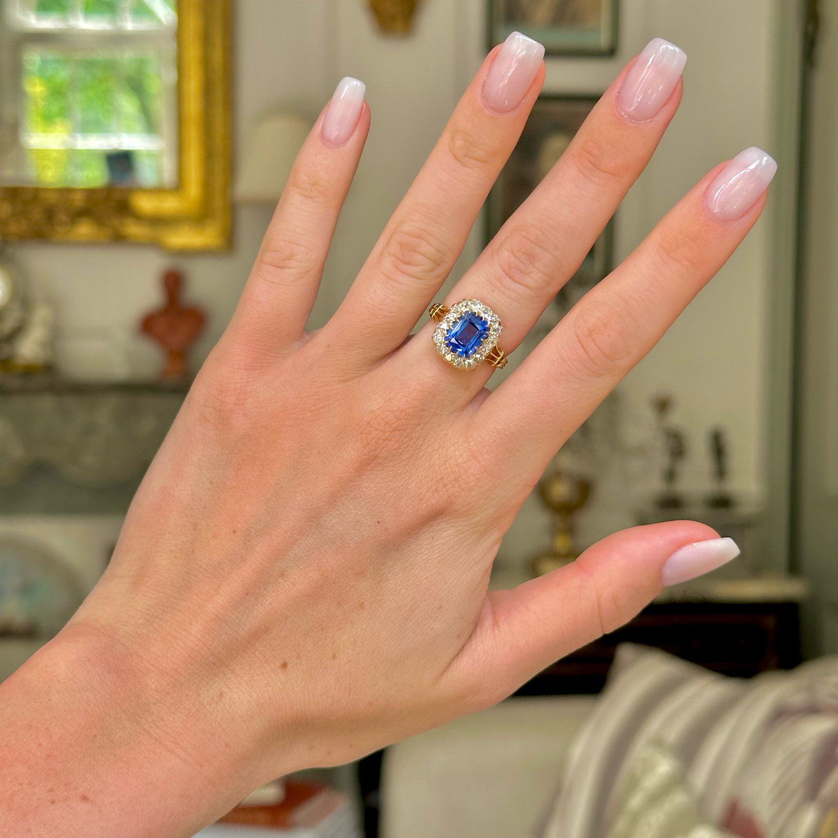 Antique, ceylon sapphire and diamond cluster ring, 18ct yellow gold