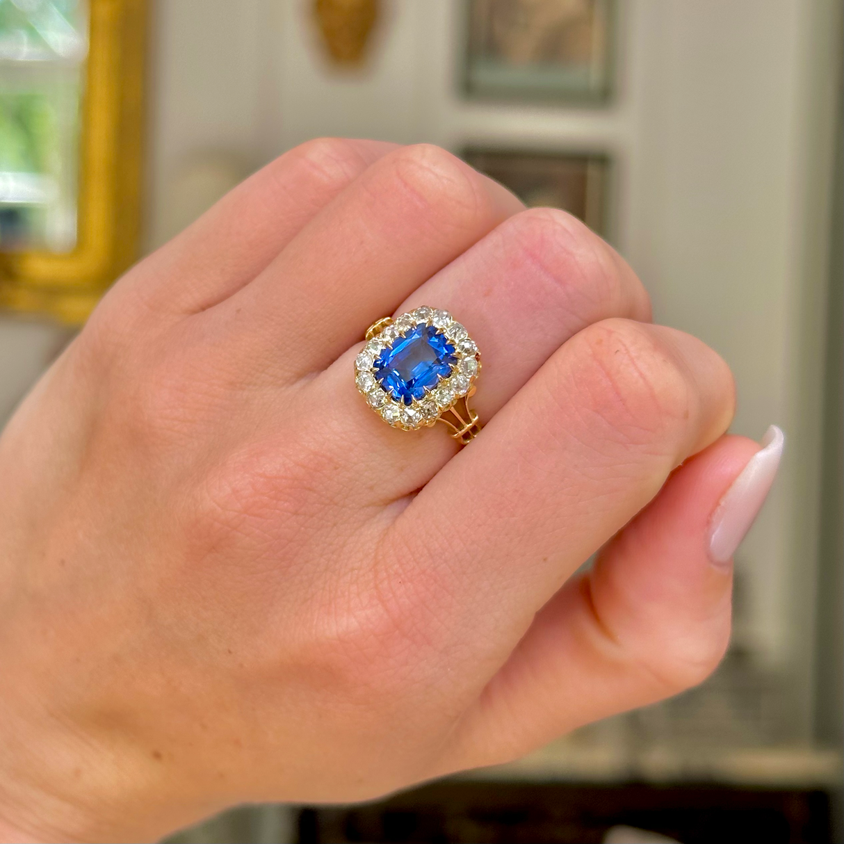 Antique, ceylon sapphire and diamond cluster ring, 18ct yellow gold