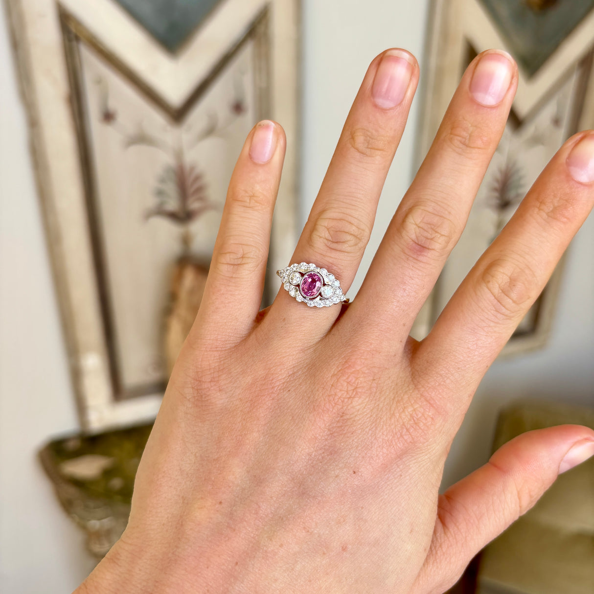 Contemporary, 2000s pink sapphire & diamond cluster ring