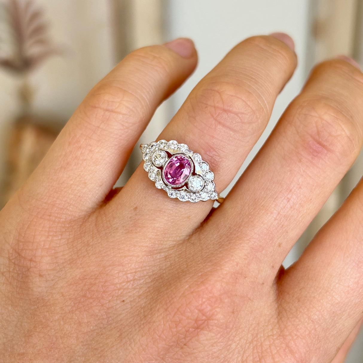 Contemporary, 2000s pink sapphire & diamond cluster ring