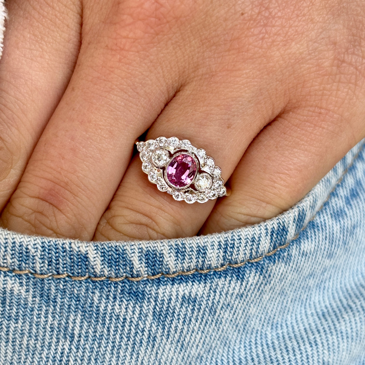 Contemporary, 2000s pink sapphire & diamond cluster ring